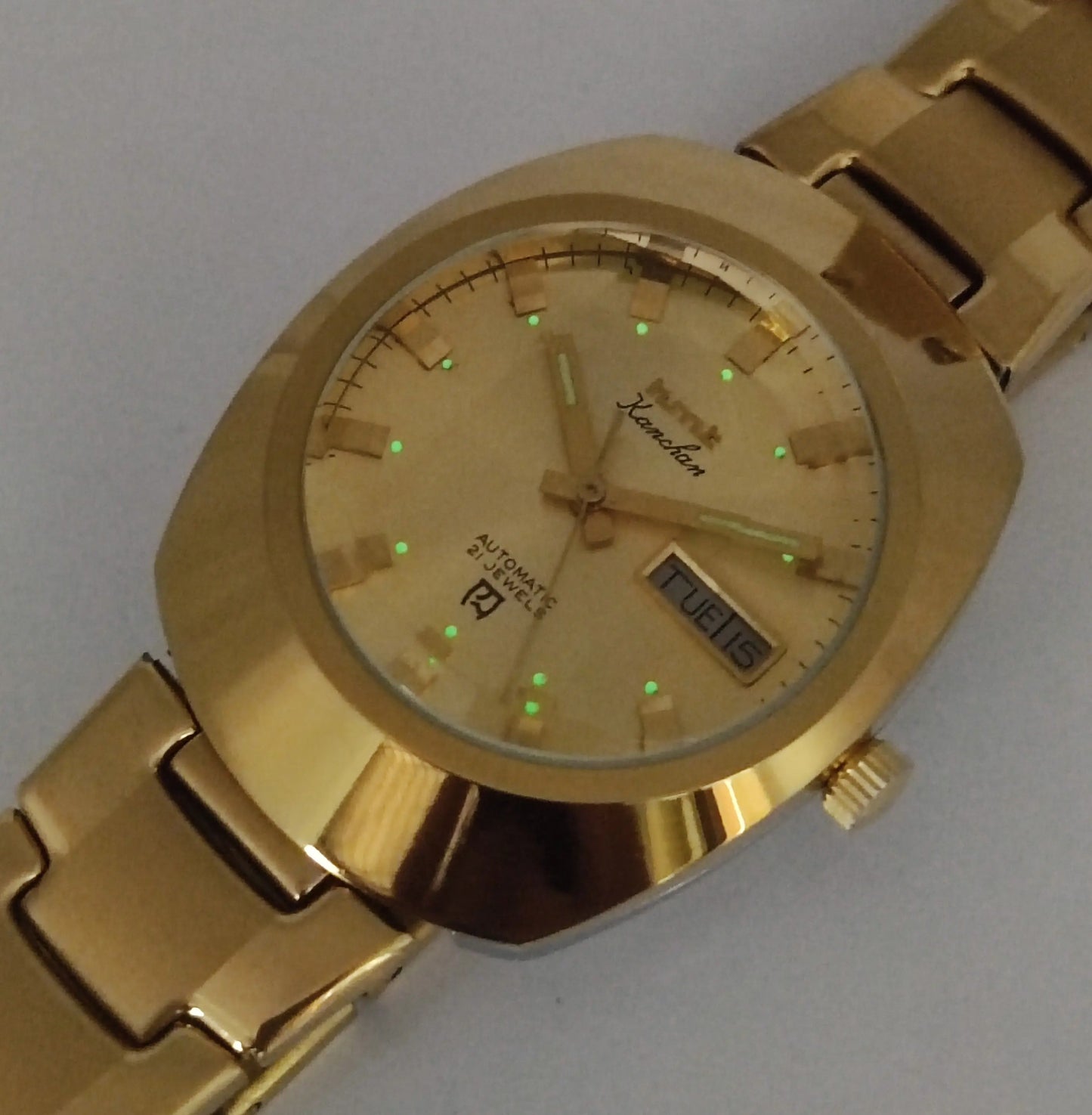 HMT Kanchan Para Shock 21 Jewels Golden Dial Day Date Function Mechanical Automatic Men's Wrist Watch Discover-Diamonds