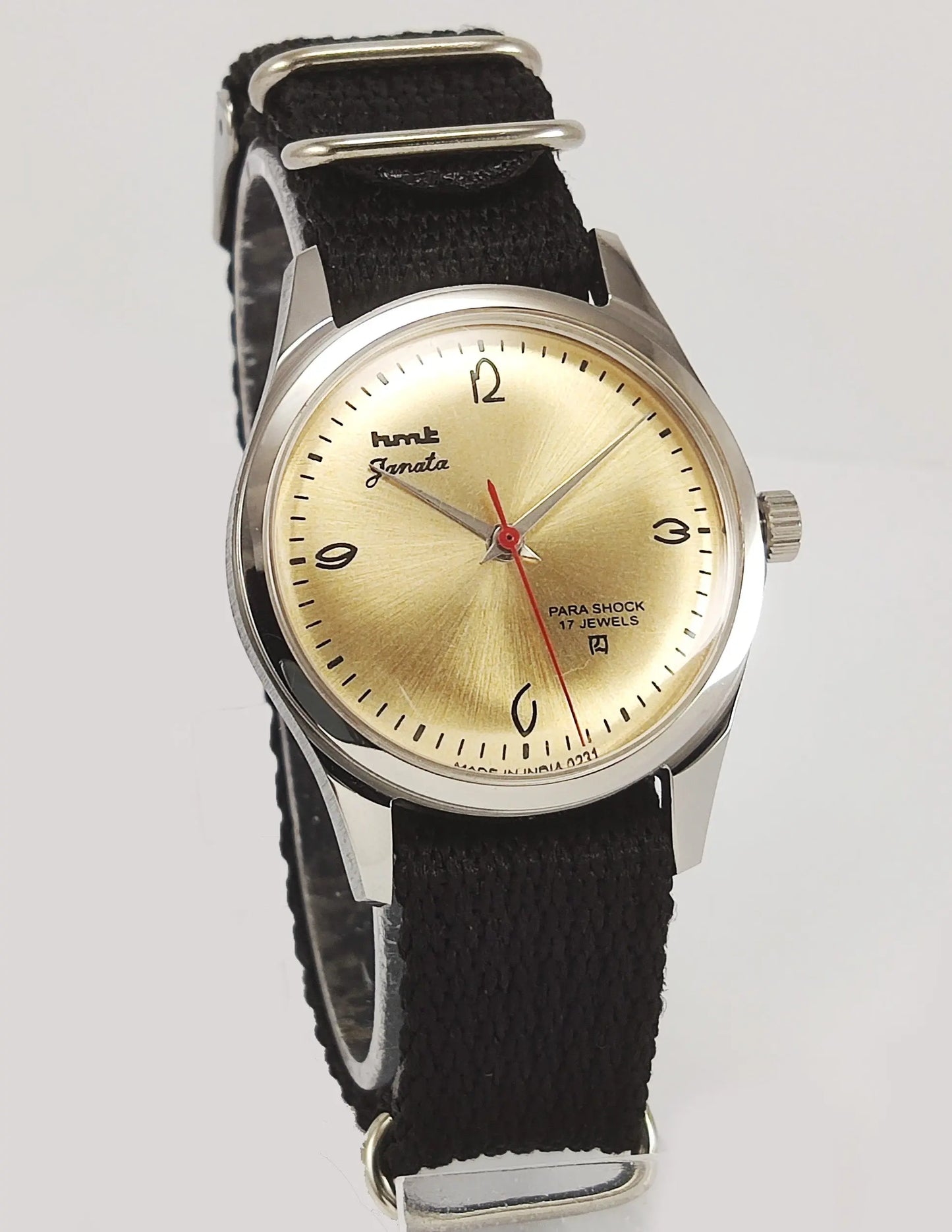 HMT Janata Para Shock 17 Jewels Golden Dial Transparent Back Mechanical Hand winding Men's Wrist Watch Discover-Diamonds