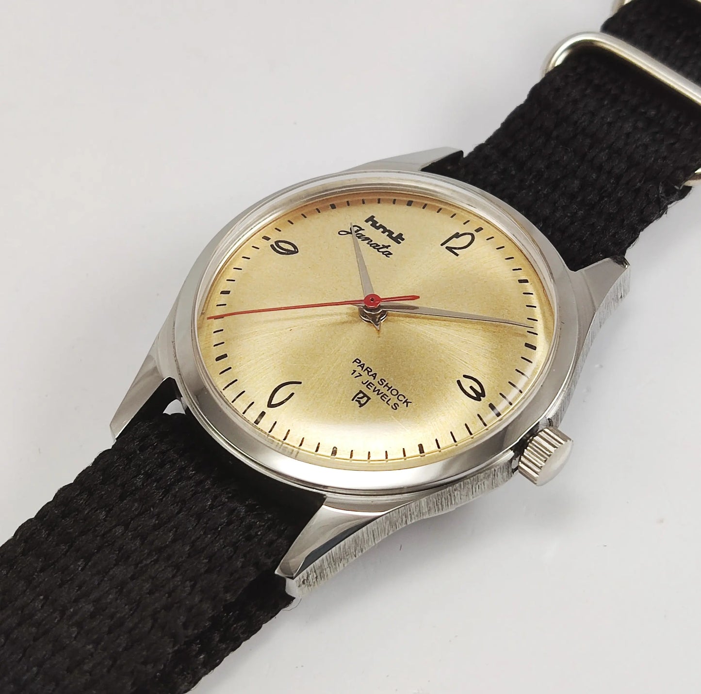 HMT Janata Para Shock 17 Jewels Golden Dial Transparent Back Mechanical Hand winding Men's Wrist Watch Discover-Diamonds