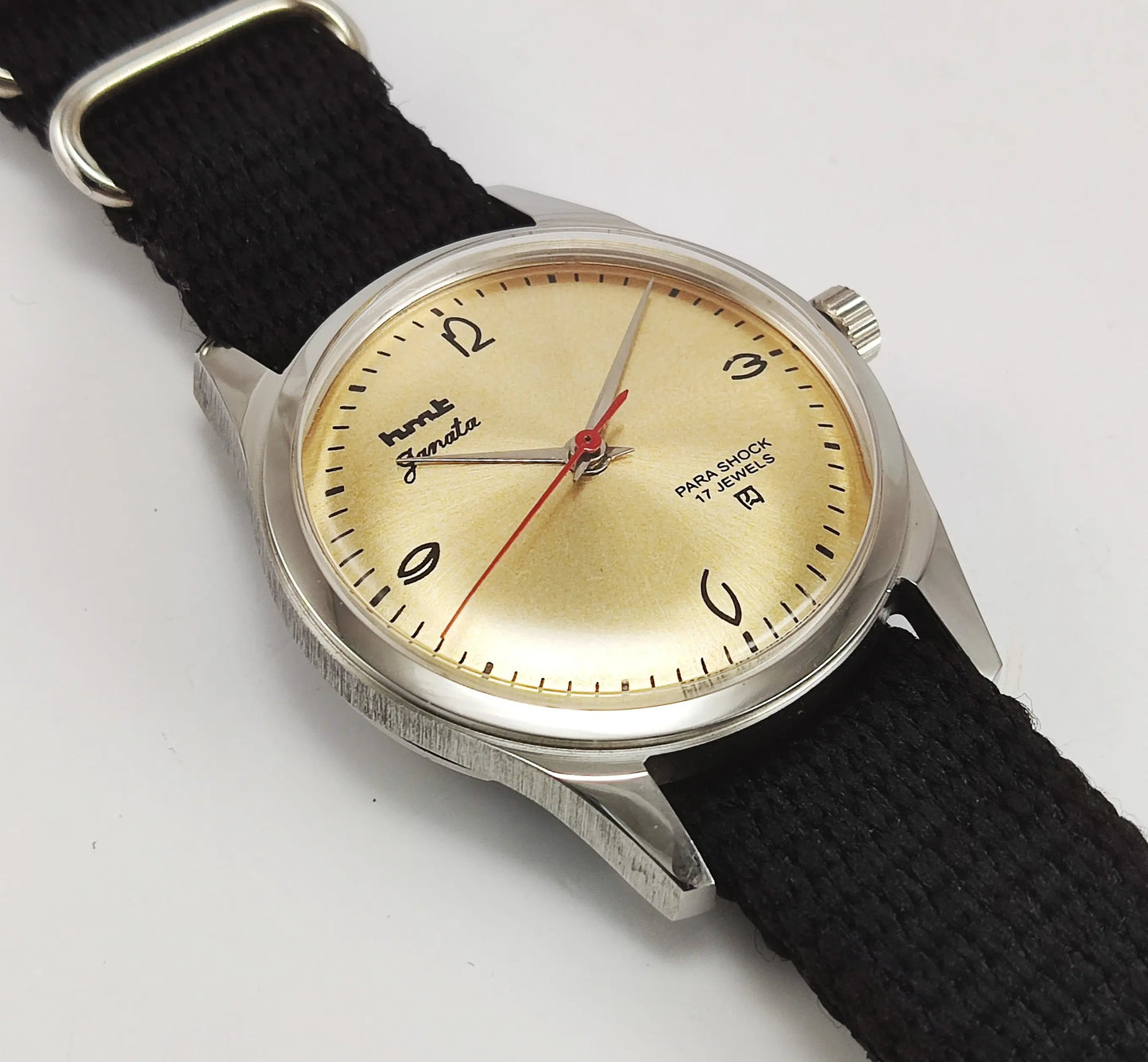 HMT Janata Para Shock 17 Jewels Golden Dial Transparent Back Mechanical Hand winding Men's Wrist Watch Discover-Diamonds