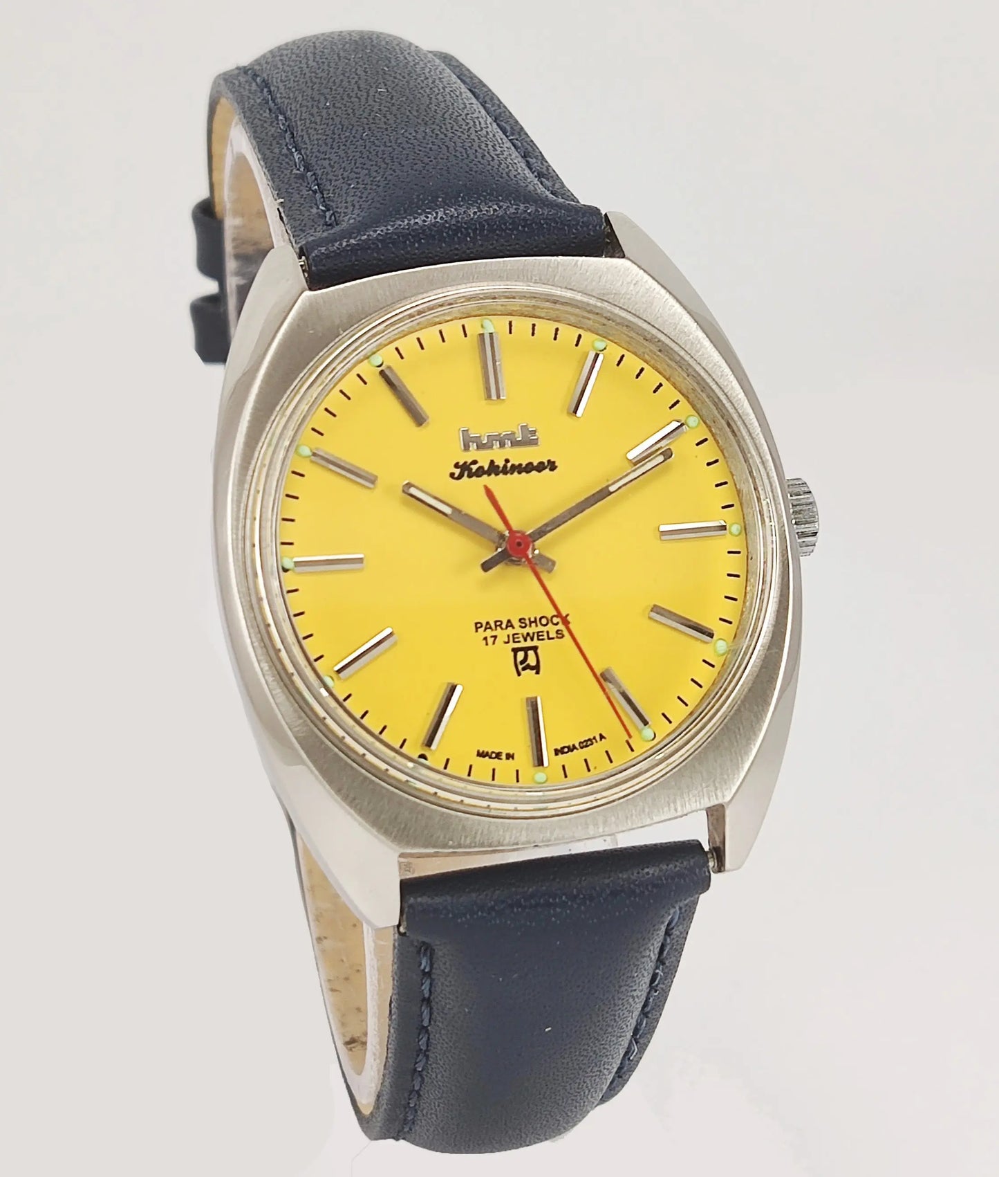 HMT Kohinoor Para Shock 17 Jewels Sun Yellow Dial Mechanical Hand winding Men's Wrist Watch Discover-Diamonds