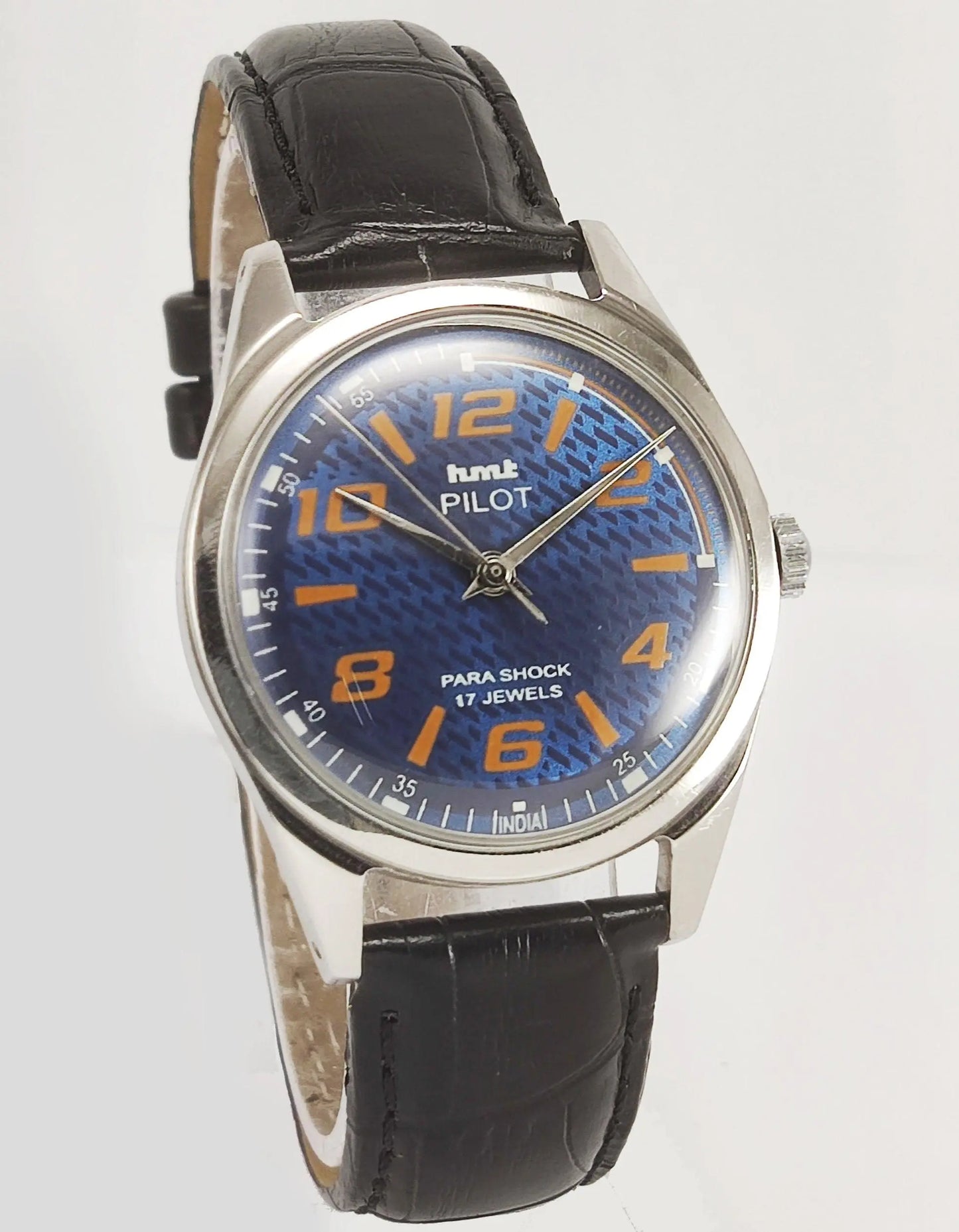 HMT Pilot Para Shock 17 Jewels Blue Dial Mechanical Hand winding Men's Wrist Watch - Discover-Diamonds