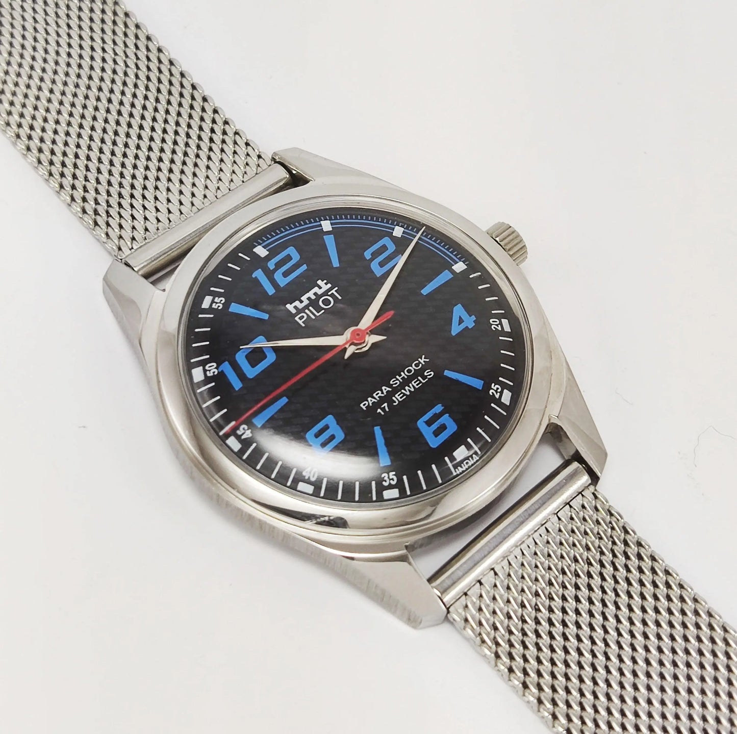 HMT Pilot Para Shock 17 Jewels Black Dial Transparent Back Mechanical Hand winding Men's Wrist Watch - Discover-Diamonds