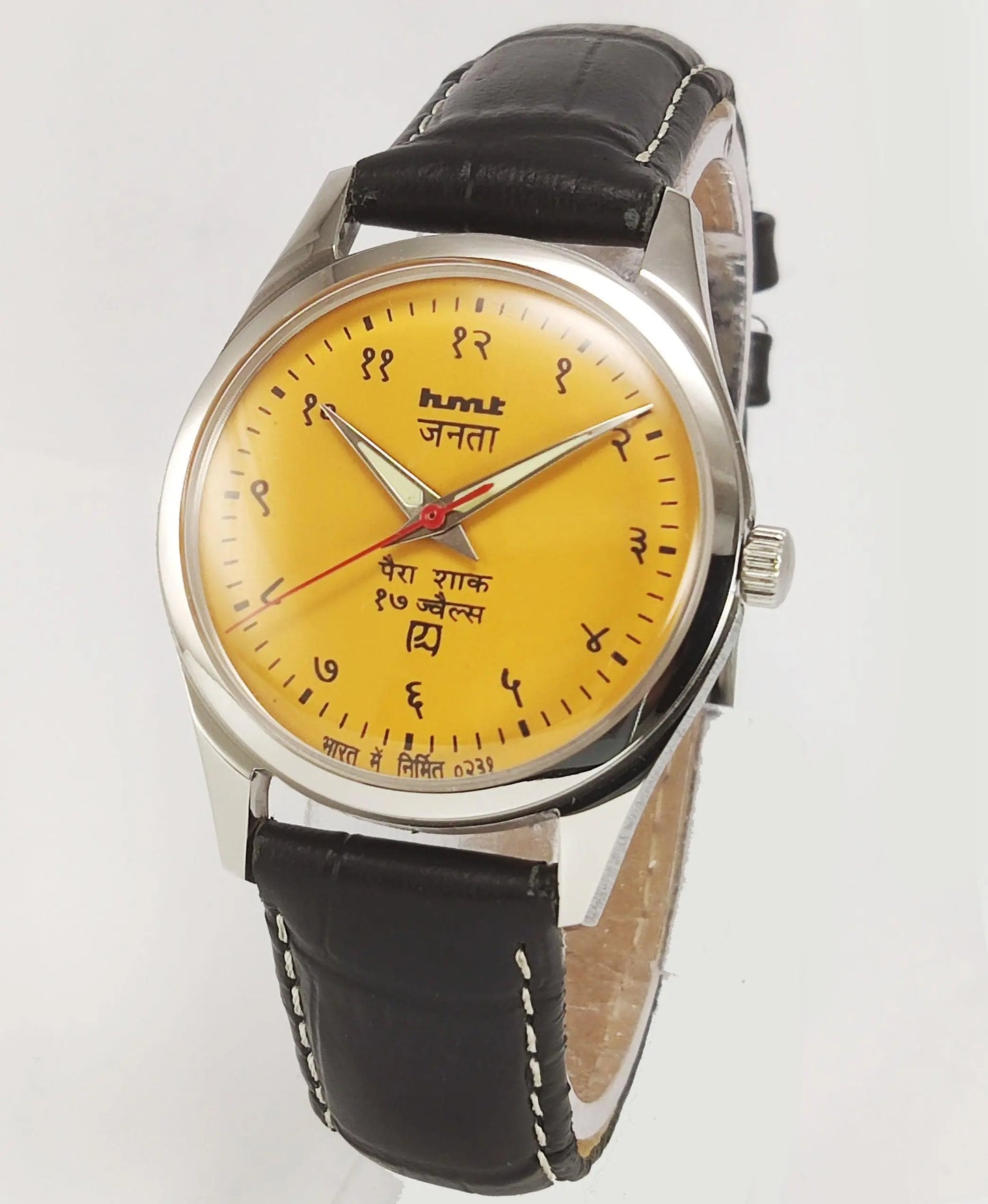HMT Janata Para Shock 17 Jewels Radium Hands Sun Yellow Devanagari Dial Transparent Back Mechanical Hand winding Men's Wrist Watch - Discover-Diamonds