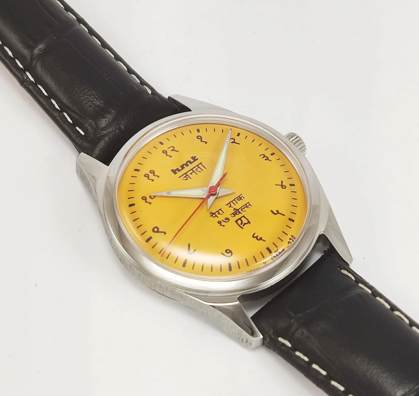 HMT Janata Para Shock 17 Jewels Radium Hands Sun Yellow Devanagari Dial Transparent Back Mechanical Hand winding Men's Wrist Watch - Discover-Diamonds
