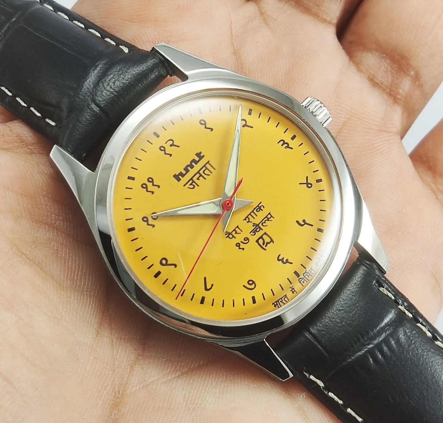 HMT Janata Para Shock 17 Jewels Radium Hands Sun Yellow Devanagari Dial Transparent Back Mechanical Hand winding Men's Wrist Watch - Discover-Diamonds