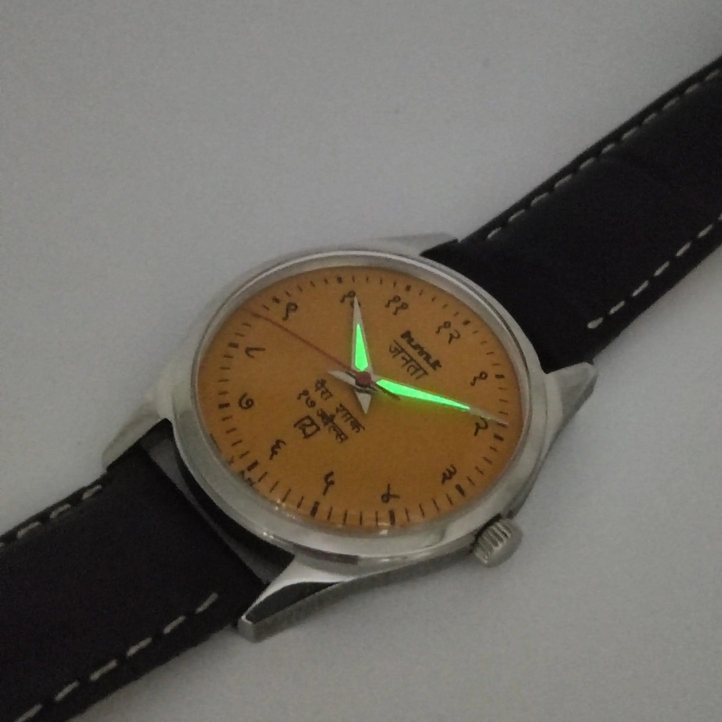 HMT Janata Para Shock 17 Jewels Radium Hands Sun Yellow Devanagari Dial Transparent Back Mechanical Hand winding Men's Wrist Watch - Discover-Diamonds