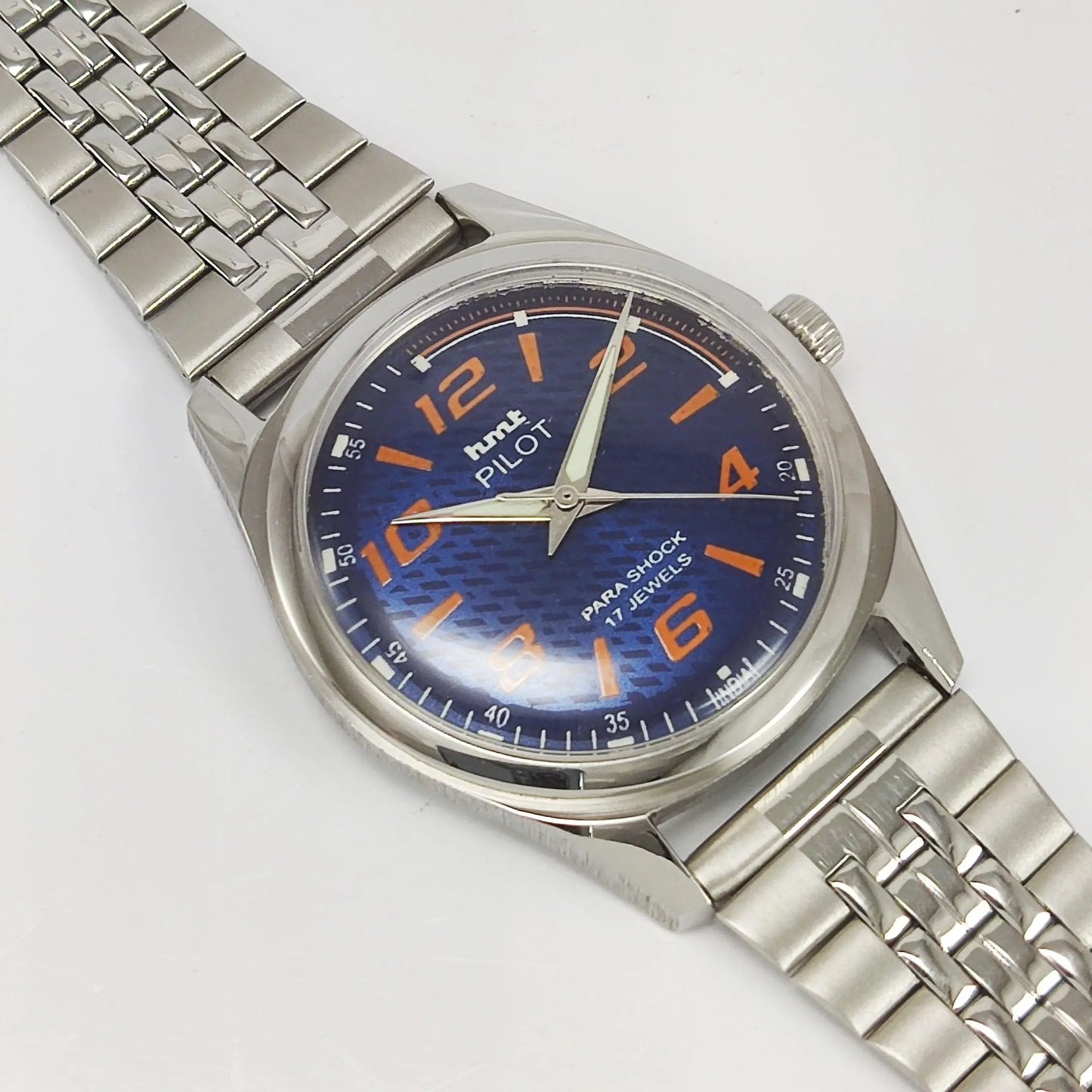 HMT Pilot Para Shock 17 Jewels Navy Blue Dial Radium Hands Transparent Back Mechanical Hand winding Men's Wrist Watch - Discover-Diamonds