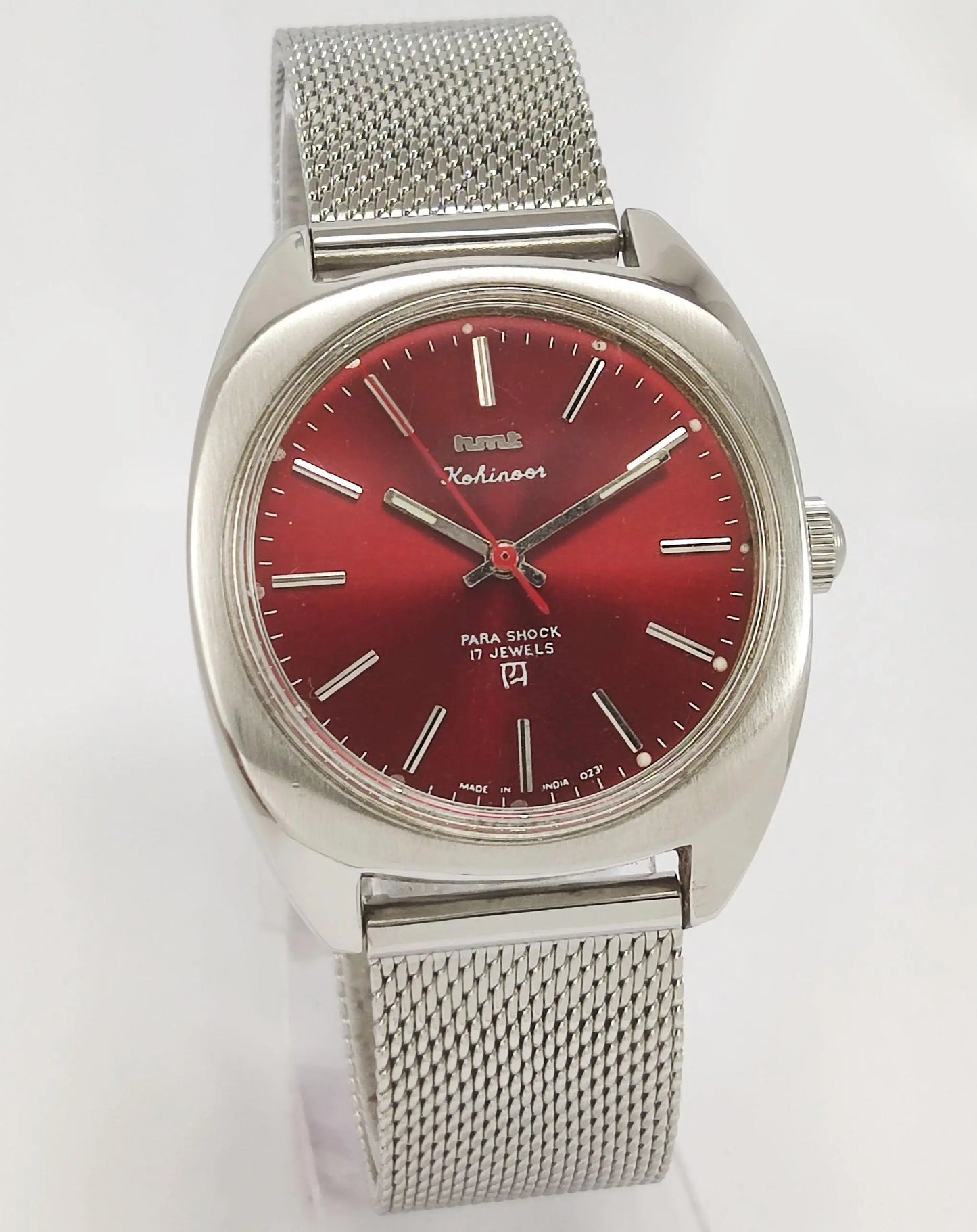 HMT Kohinoor Para Shock 17 Jewels Maroon Red Dial Mechanical Hand winding Men's Wrist Watch - Discover-Diamonds