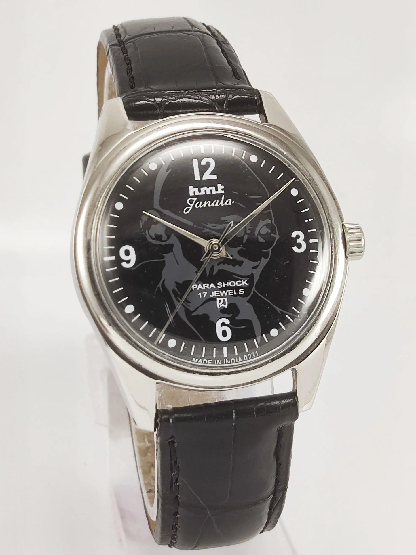 HMT Janata Para Shock 17 Jewels Mahatma Gandhi Black Dial Mechanical Hand winding Men's Wrist Watch - Discover-Diamonds
