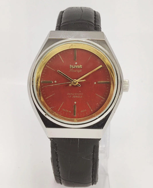 HMT Maurya Para Shock 17 Jewels Maroon Red Dial Mechanical Hand winding Men's Wrist Watch - Discover-Diamonds