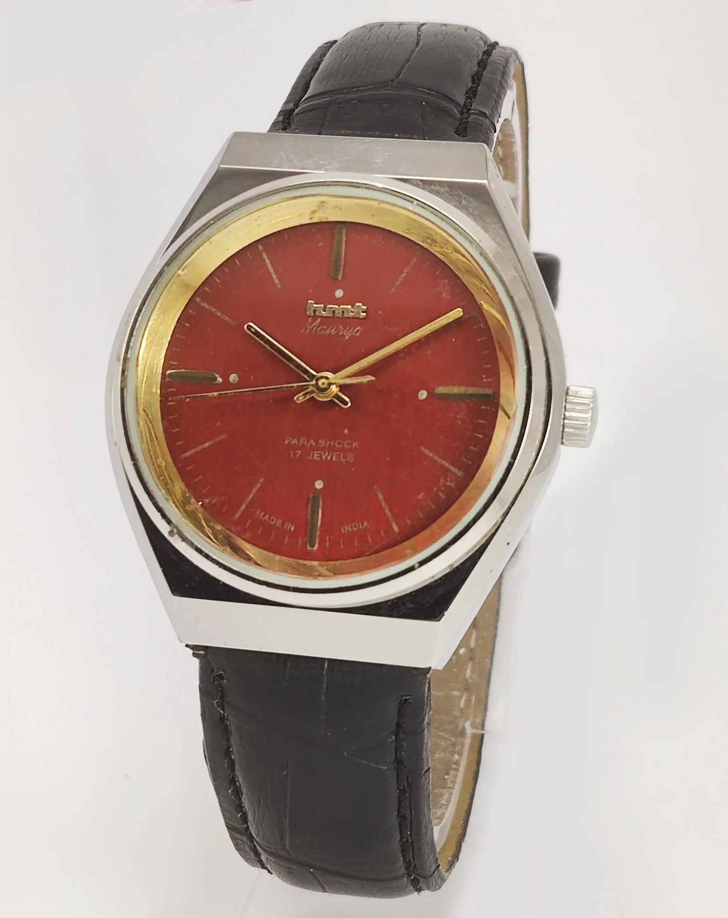 HMT Maurya Para Shock 17 Jewels Maroon Red Dial Mechanical Hand winding Men's Wrist Watch - Discover-Diamonds