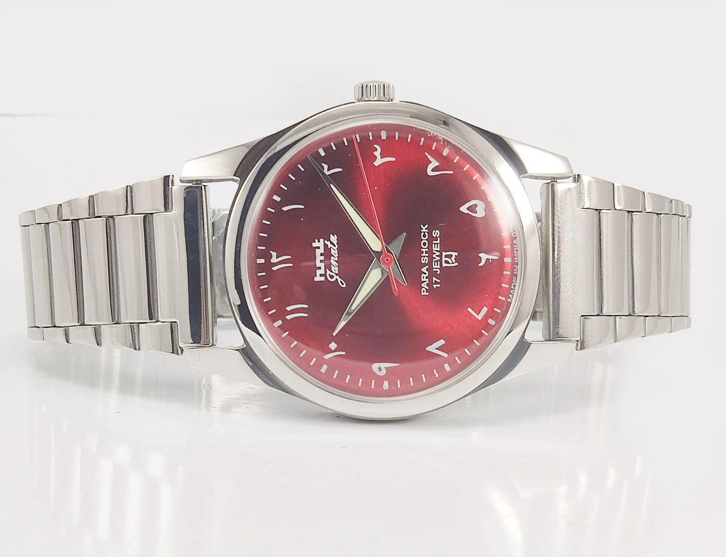 HMT Janata Para Shock 17 Jewels Maroon Red Urdu / Arabic Dial Transparent Back Mechanical Hand winding Men's Wrist Watch - Discover-Diamonds
