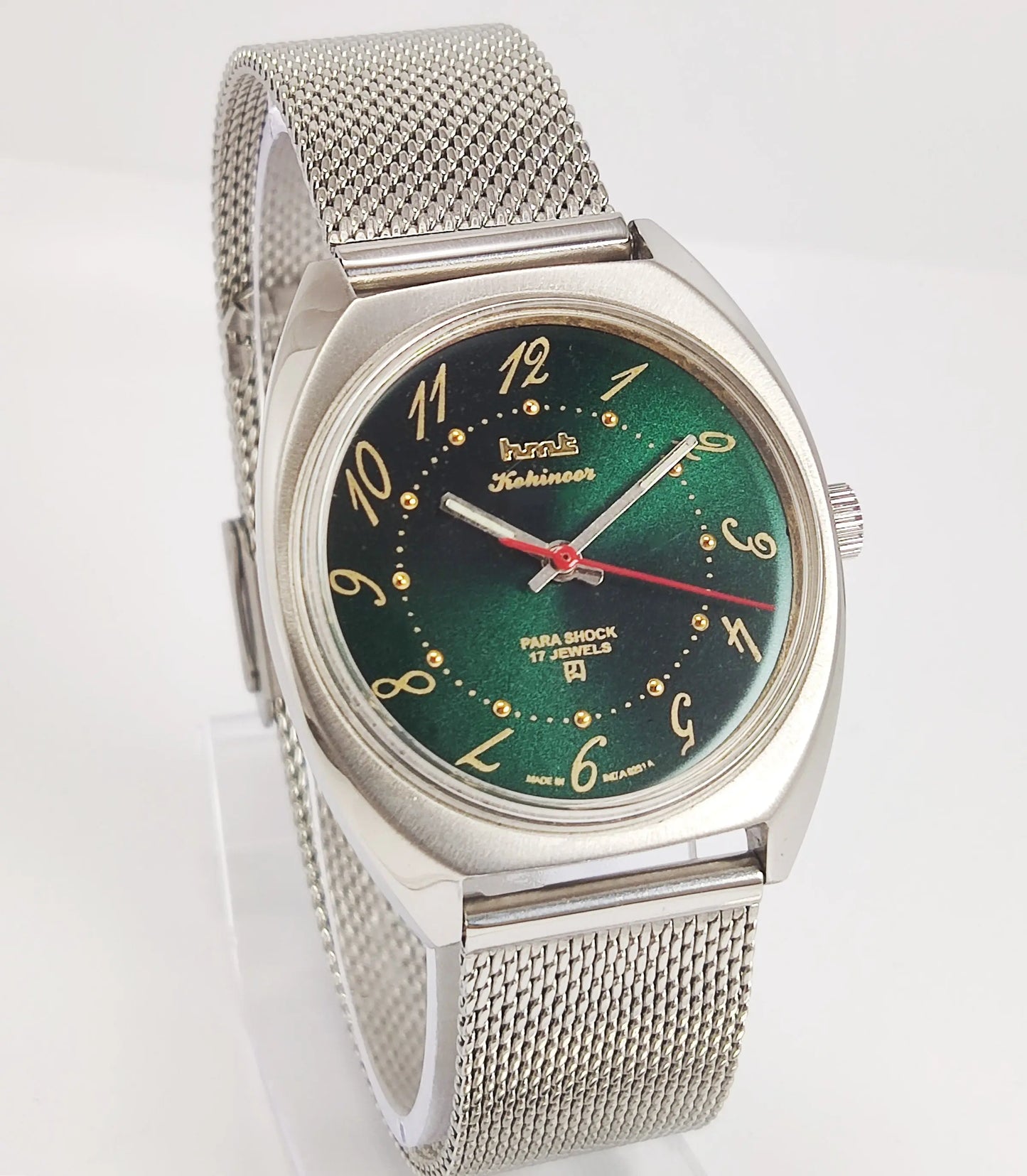 HMT Kohinoor Para Shock 17 Jewels Shiny Green Dial Mechanical Hand winding Men's Wrist Watch Discover-Diamonds