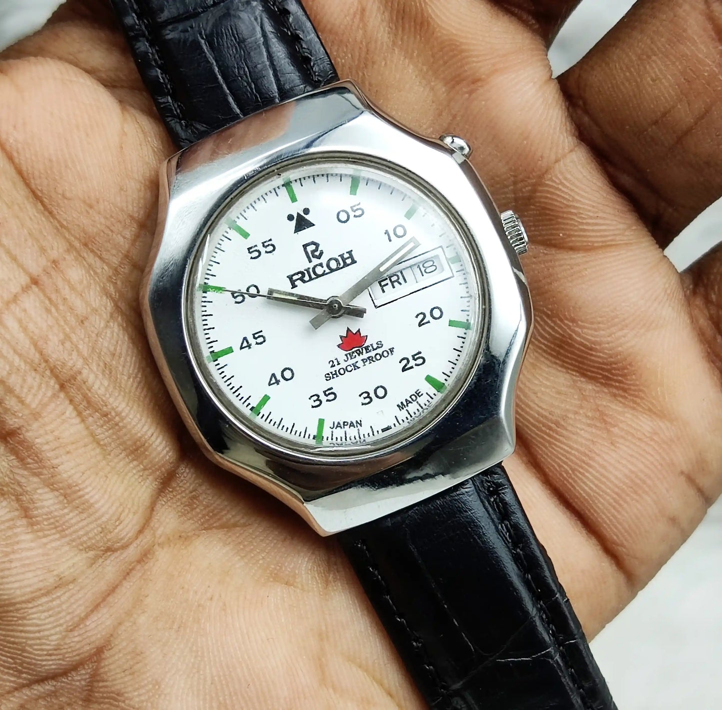 Ricoh Men's Watch - Automatic White Dial, 21 Jewels, Shock Proof, English Numerals, Day Date Feature