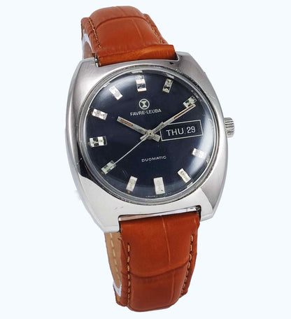 Favre Leuba Duomatic 908 Navy Blue Dial 17 Jewels Men's Automatic Watch Discover-Diamonds