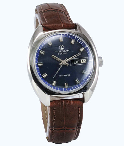 Favre Leuba Geneve Duomatic-909 Charcoal Navy Blue Dial 17 Jewels Men's Watch Discover-Diamonds