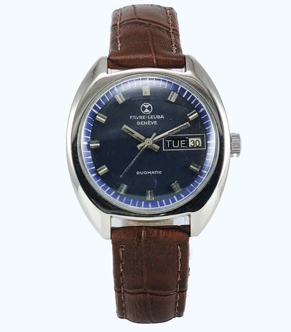 Favre Leuba Geneve Duomatic-909 Charcoal Navy Blue Dial 17 Jewels Men's Watch Discover-Diamonds