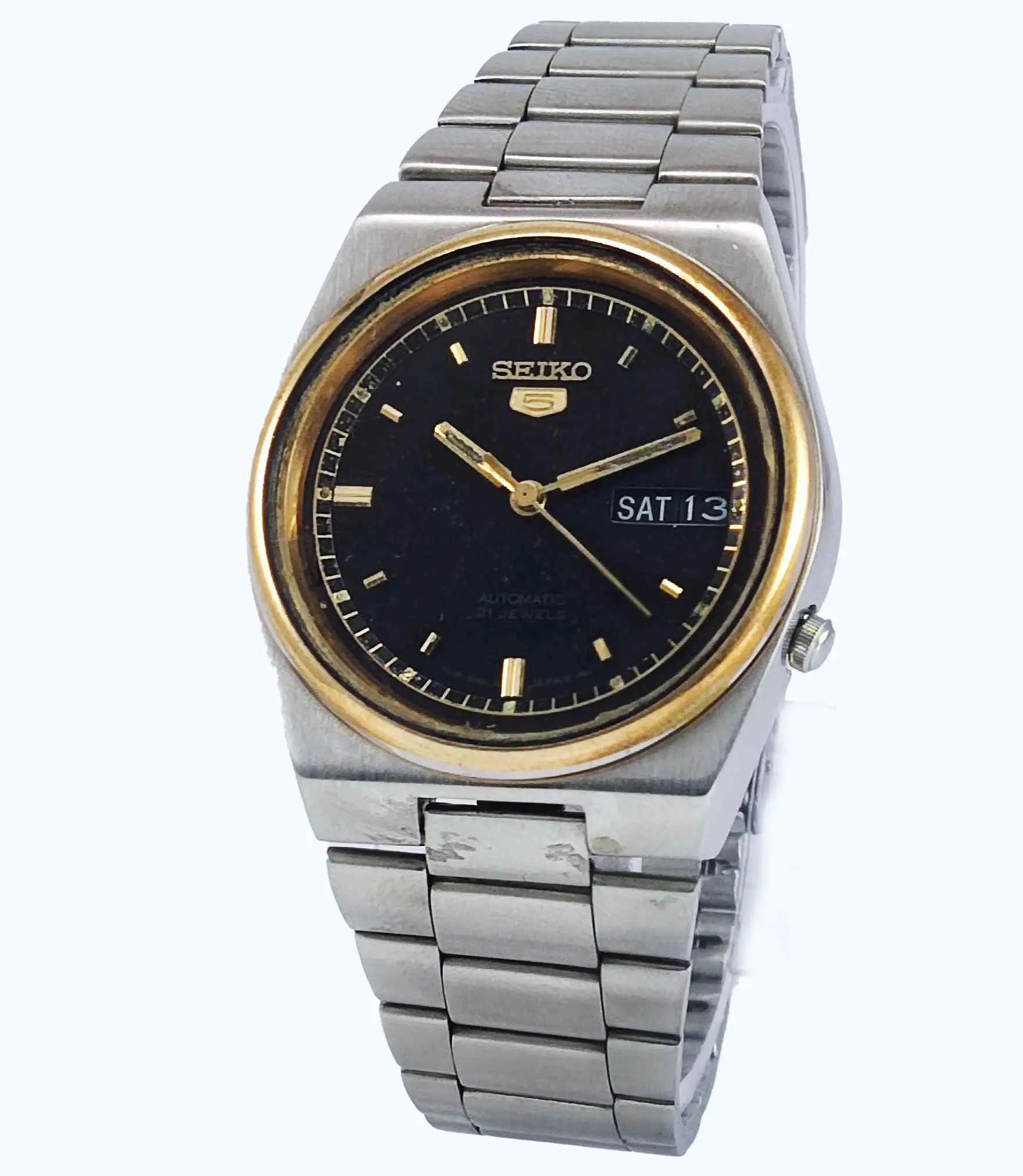 Seiko 5 Automatic-7019A Analog Black Dial 21 Jewels Day Date Men's Mechanical Watch Discover-Diamonds