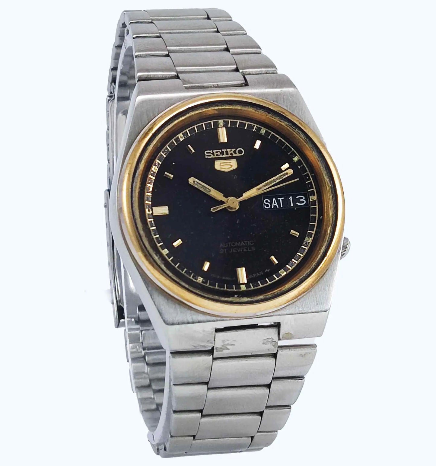 Seiko 5 Automatic-7019A Analog Black Dial 21 Jewels Day Date Men's Mechanical Watch Discover-Diamonds