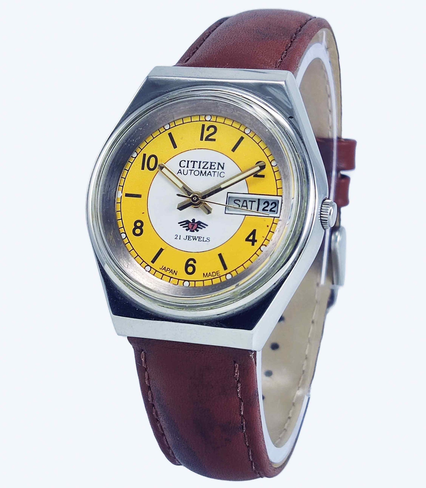 Citizen Automatic 8200 White-Yellow Dial 21 Jewels Day Date Men's Mechanical Watch Discover-Diamonds