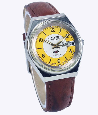 Citizen Automatic 8200 White-Yellow Dial 21 Jewels Day Date Men's Mechanical Watch Discover-Diamonds