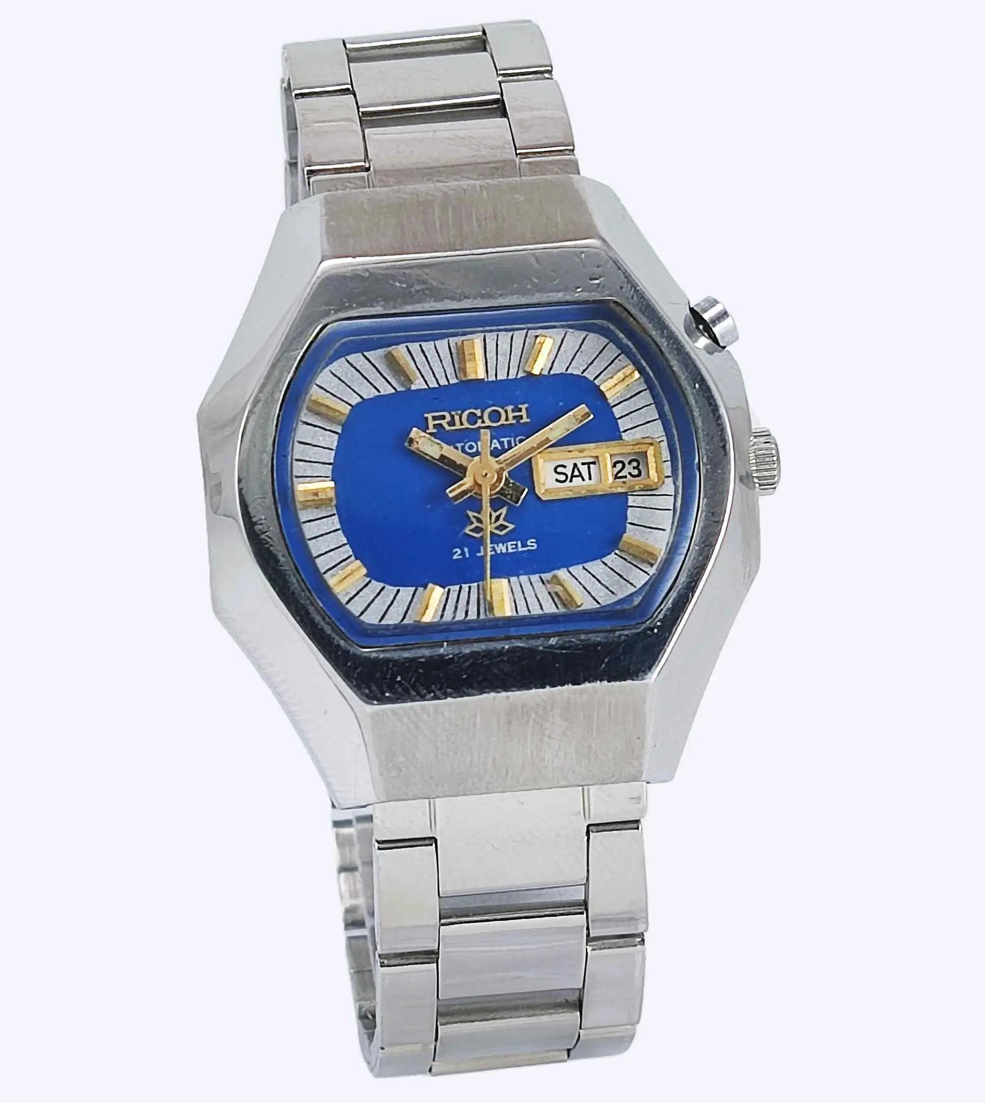 Ricoh Automatic 21 Jewels R31 Blue Dial Day Date Men's Mechanical Watch Discover-Diamonds