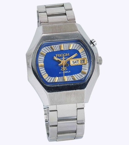 Ricoh Automatic 21 Jewels R31 Blue Dial Day Date Men's Mechanical Watch Discover-Diamonds