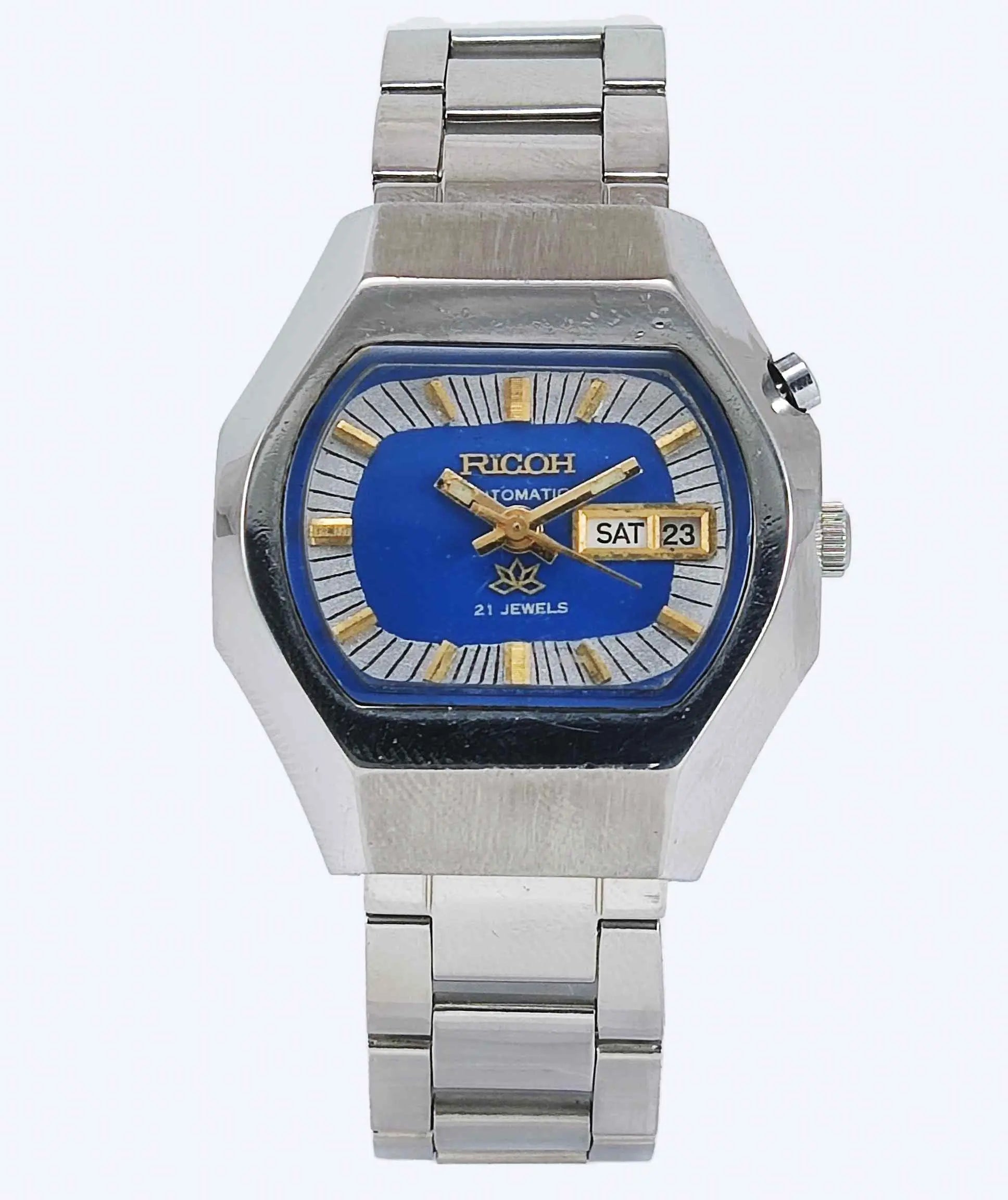 Ricoh Automatic 21 Jewels R31 Blue Dial Day Date Men's Mechanical Watch Discover-Diamonds