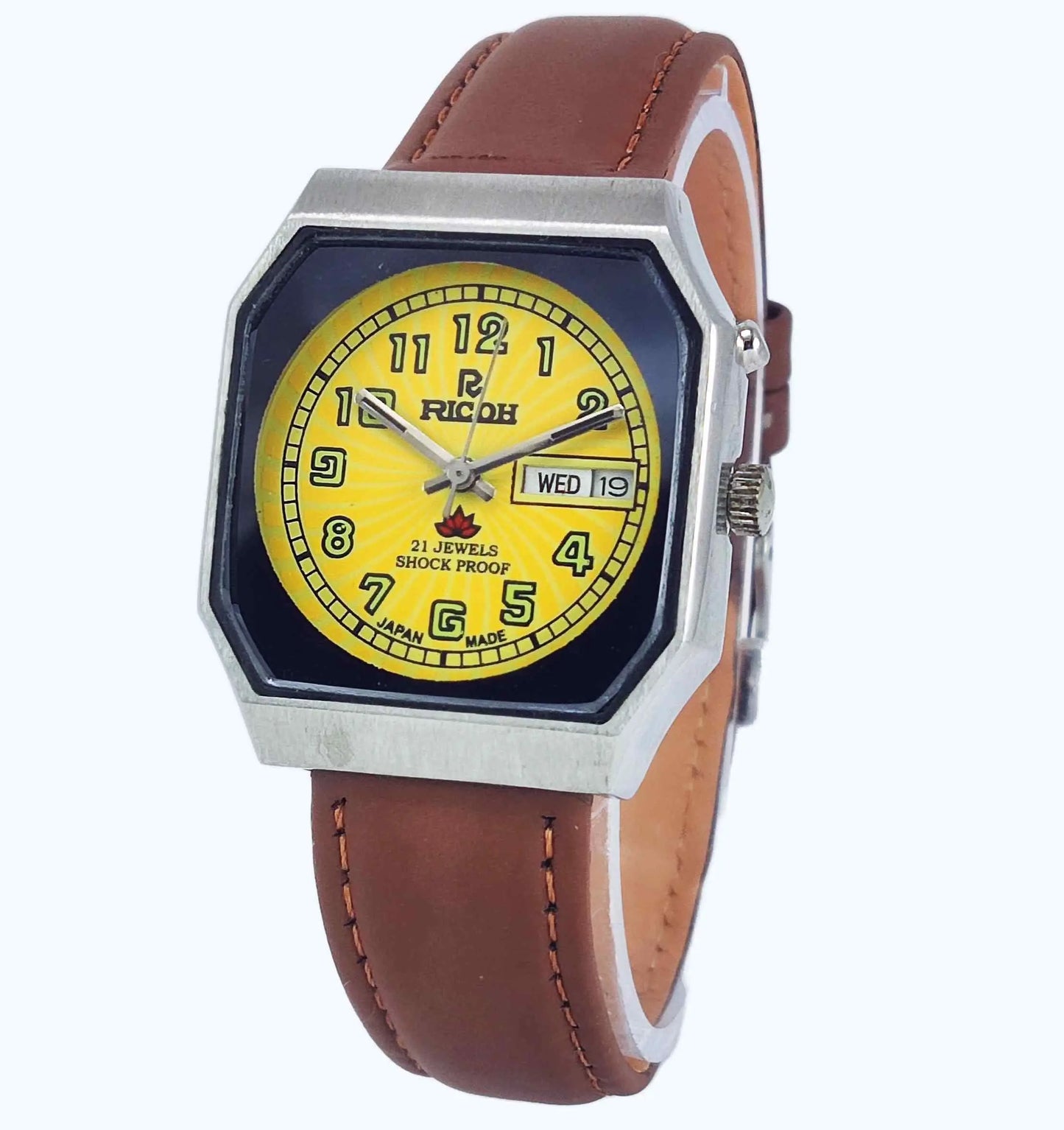 Ricoh Automatic 21 Jewels Shock Proof R31 Yellow Dial Day Date Men's Mechanical Watch Discover-Diamonds