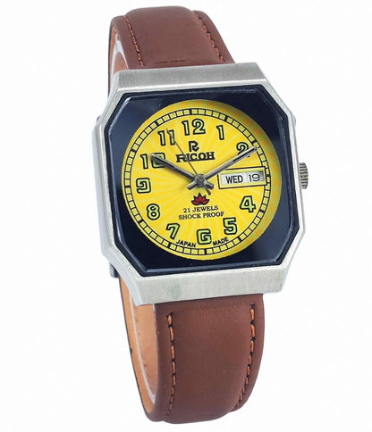 Ricoh Automatic 21 Jewels Shock Proof R31 Yellow Dial Day Date Men's Mechanical Watch Discover-Diamonds