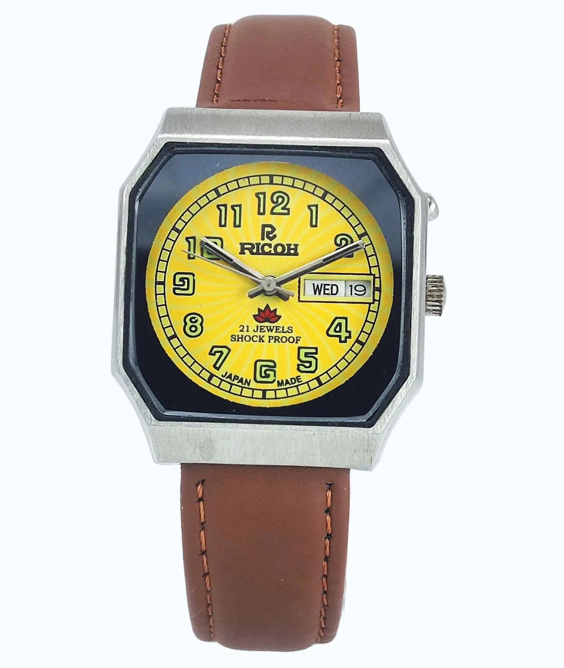 Ricoh Automatic 21 Jewels Shock Proof R31 Yellow Dial Day Date Men's Mechanical Watch Discover-Diamonds