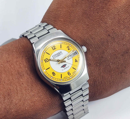 Citizen Automatic 8200A White-Yellow Dial 21 Jewels Day Date Men's Mechanical Watch Discover-Diamonds