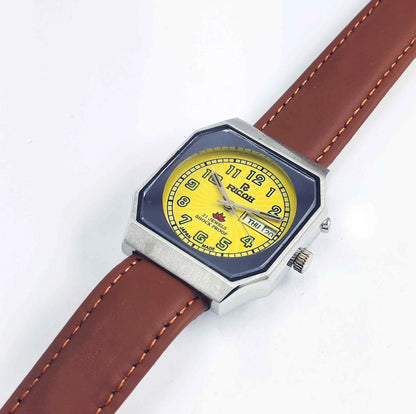 Ricoh Yellow Dial 21 Jewels Day Date Shock Proof R-31 Men's Wrist Watch Discover-Diamonds