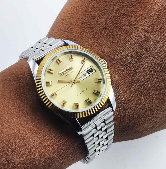 Benrus Automatic 25 Jewels Day Date Golden Bezel Men's Watch - Discover-Diamonds