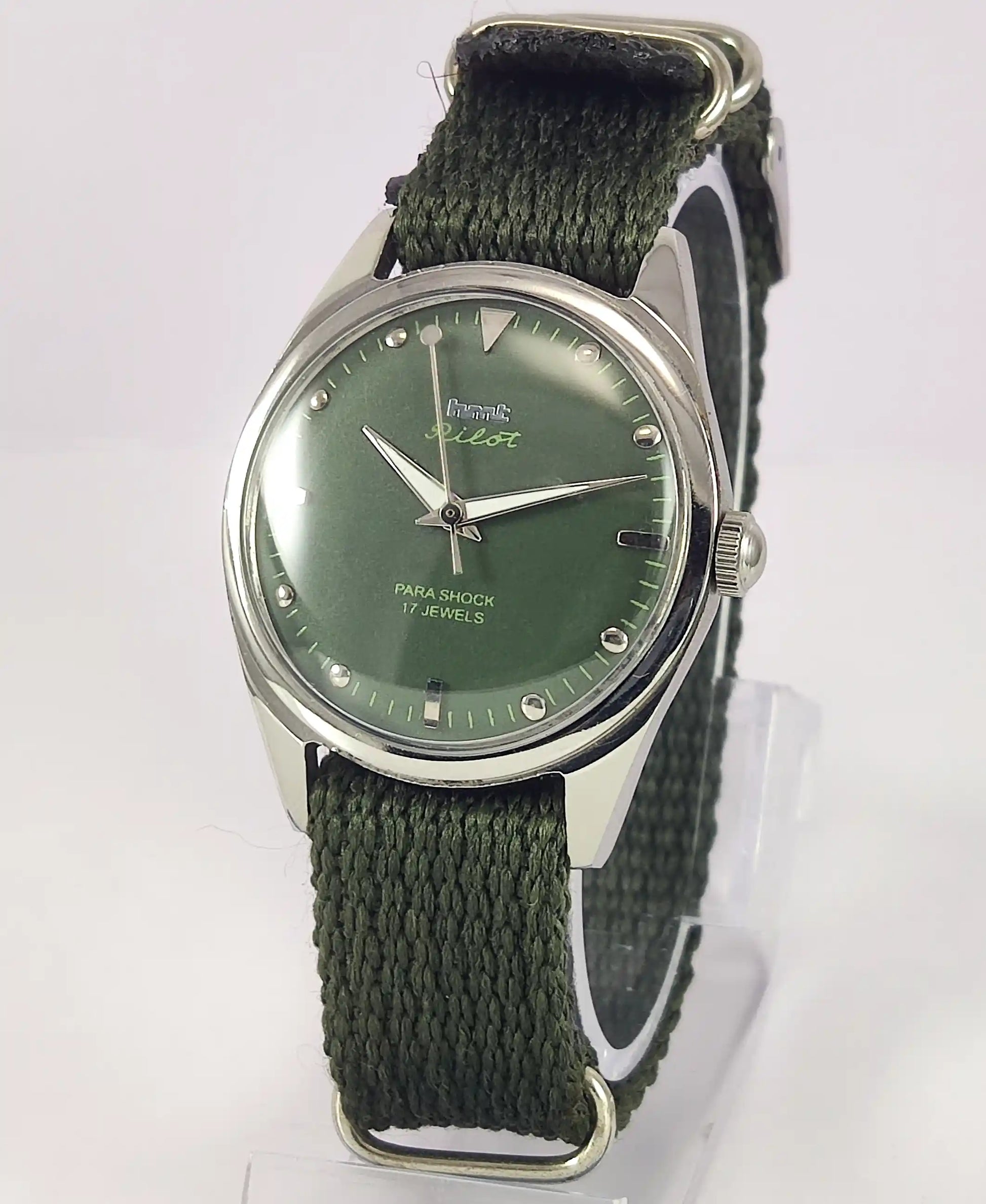 HMT Pilot Apple Green Dial Para Shock 17 Jewels Handwinding Men's Watch Discover-Diamonds