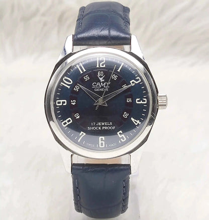Camy Geneve 17 Jewels Shock Proof Bluish Dial English Numerals Watch Transparent Back Sub Dial