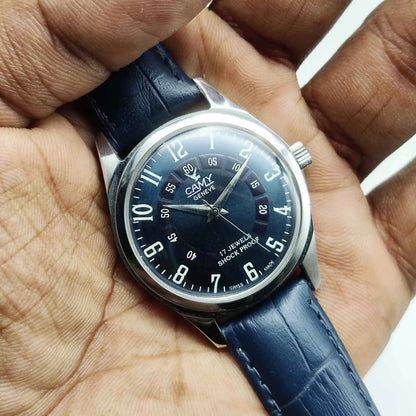 Camy Geneve 17 Jewels Shock Proof Bluish Dial English Numerals Watch Transparent Back Sub Dial