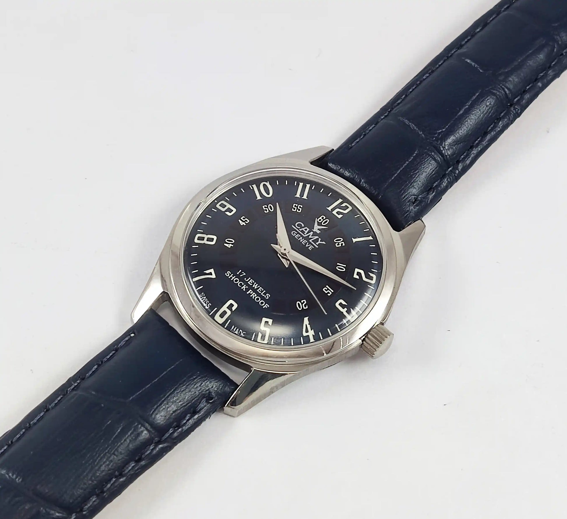 Camy Geneve 17 Jewels Shock Proof Blue Dial Handwinding Swiss Made Watch Discover-Diamonds