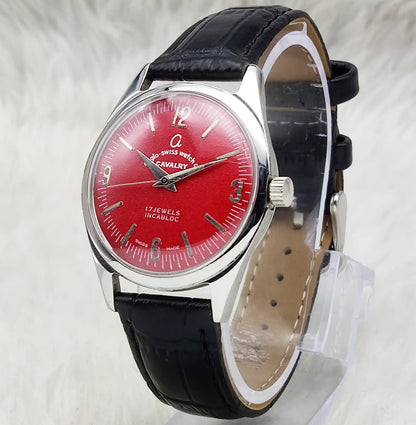 Cavalry 17 Jewels Incabloc Feature Maroon Dial with Stick Indices