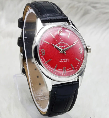 Cavalry 17 Jewels Incabloc Feature Maroon Dial with Stick Indices