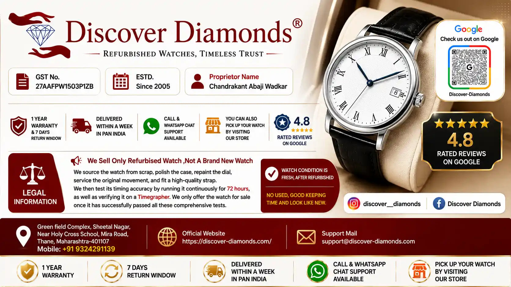 Advertisement for Discover Diamonds with a watch and various text elements.