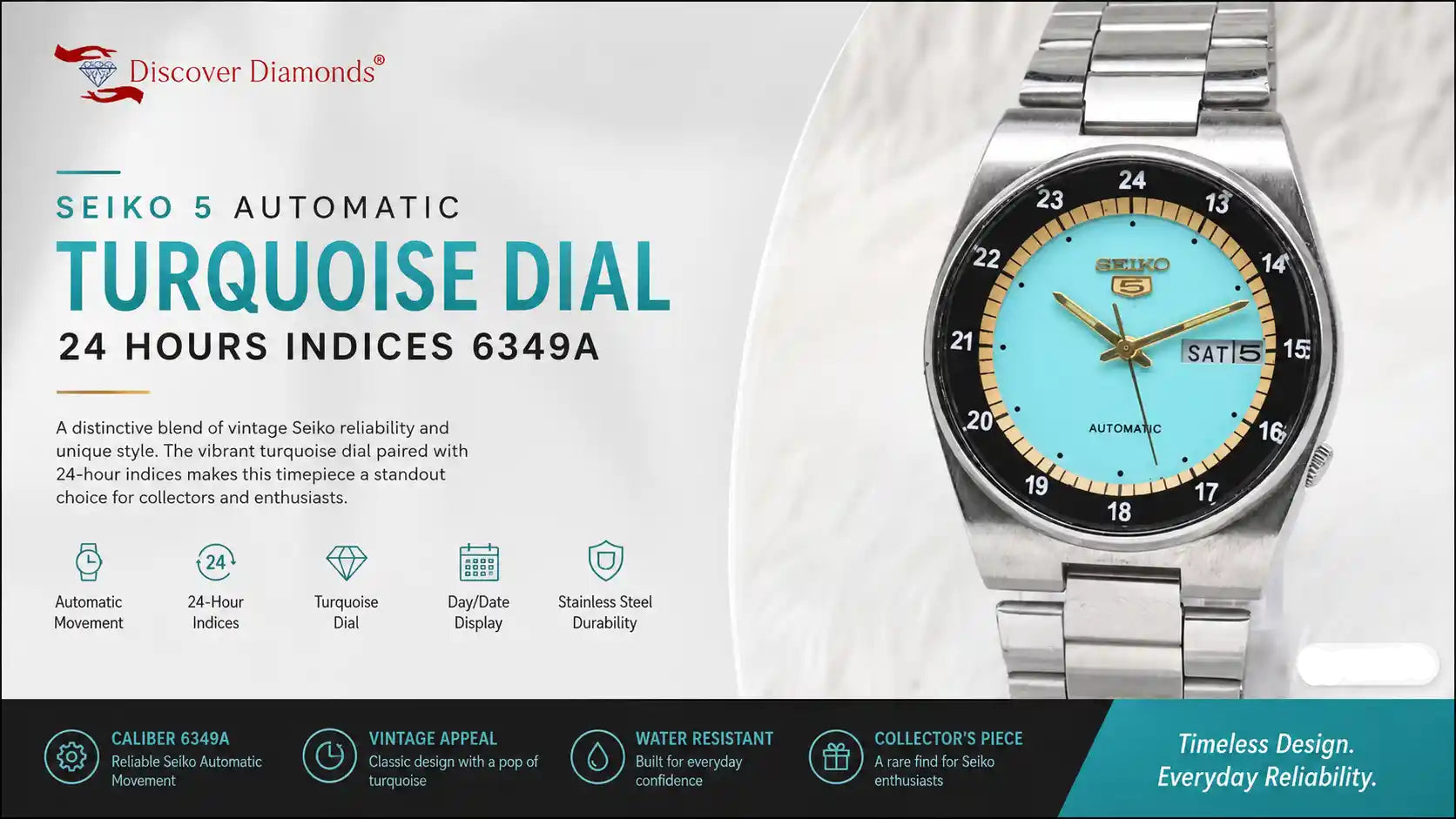 Seiko 5 Automatic watch with turquoise dial on a white background