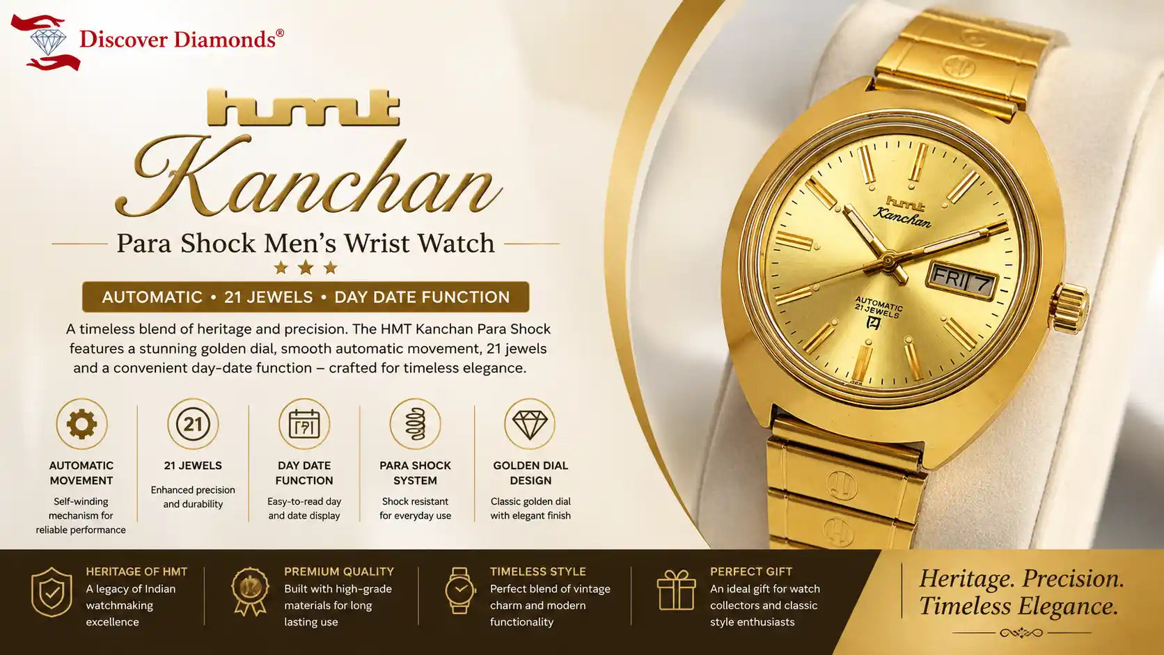 Gold wristwatch with brand details on a white background