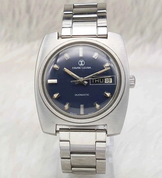 Favre Leuba Duomatic 17 Jewels Dark Blue Stick Indices Dial Mechanical Automatic Movement 909 Discover-Diamonds Physical