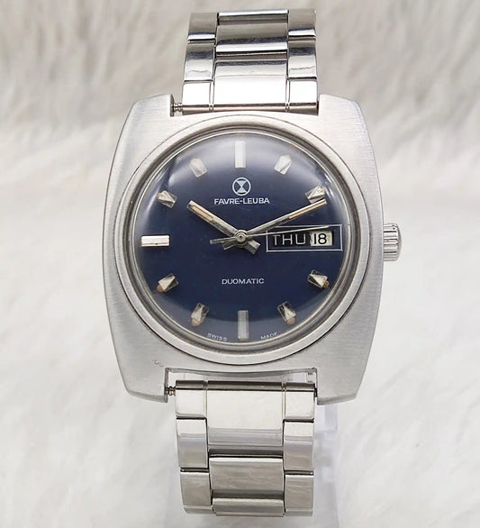Favre Leuba Duomatic 17 Jewels Dark Blue Stick Indices Dial Mechanical Automatic Movement 909 Discover-Diamonds Physical