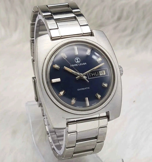 Favre Leuba Duomatic 17 Jewels Dark Blue Stick Indices Dial Mechanical Automatic Movement 909