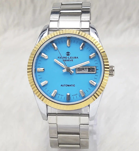 Favre Leuba Geneve 17 Jewels Sky Blue Stick Indices Dial Automatic Movement 2066 Discover-Diamonds Physical