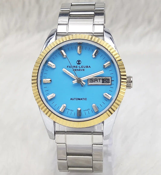 Favre Leuba Geneve 17 Jewels Sky Blue Stick Indices Dial Automatic Movement 2066 Discover-Diamonds Physical