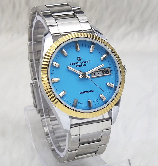 Favre Leuba Geneve 17 Jewels Sky Blue Stick Indices Dial Automatic Movement 2066 Discover-Diamonds Physical